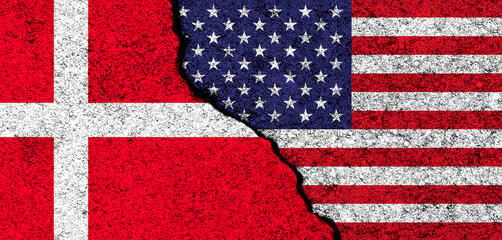 USA and Denmark. Flags painted on cracked concrete wall. United States, America. Partnership, relationships and conflict concept. Banner background photo