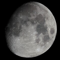 Close up of waxing gibbous moon seen with telescope
