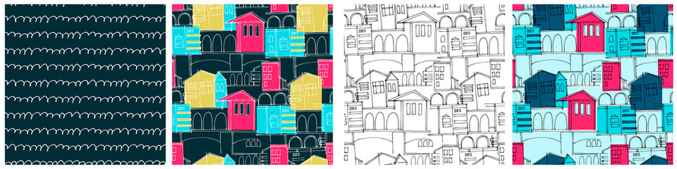 Seamless patterns set, colorful cityscape with historical buildings and archways for surface design and other design projects