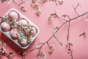 Pink Easter eggs in white packaging with white cherry blossom branches on pink background. Seasonal springtime setting for Easter. Top view.
