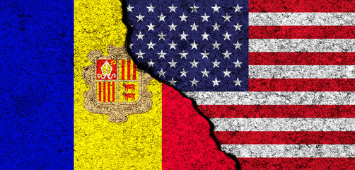 USA and Andorra. Flags painted on cracked concrete wall. United States, America. Partnership, relationships and conflict concept. Banner background photo
