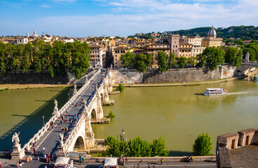 Panorama of Rome historic center over Ponte Sant'Angelo, Saint Angel Bridge, known as Aelian Bridge or Pons Aelius at Tiber river in Italy - obrazy, fototapety, plakaty