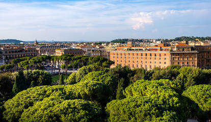 Fototapeta na wymiar Panoramic view of historic residential quarter of Rome in Italy, north from Castel Sant'Angelo castle, at Piazza Adriana square