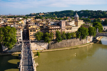 Panorama of Rome historic center over Ponte Sant'Angelo, Saint Angel Bridge, known as Aelian Bridge or Pons Aelius at Tiber river in Italy - obrazy, fototapety, plakaty