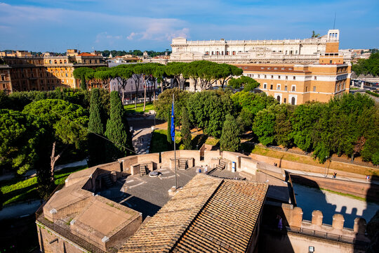 Bastion San Luca flanks and walls of Castel Sant'Angelo mausoleum - Castle of the Holy Angel at Tiber river embankment in historic center of Rome in Italy