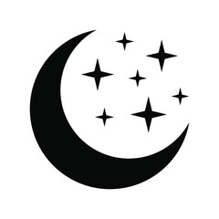 Moon with stars icon on white background. Night icon. Crescent moon icon. Minimalist style.