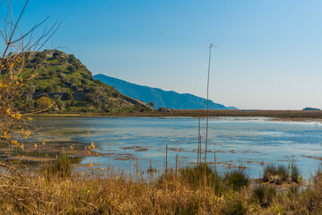 KAUNOS, DALYAN, TURKEY: Landscape with a view of the lake and the Acropolis Hill in the ancient city of Kaunos.