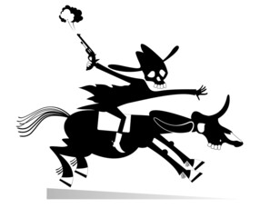 Skull headed man with a gun rides on the horse illustration. Man with skull head with a gun rides on the horse with skull head black on white