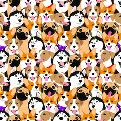 Dogs of different breeds on a dark background. Husky, Jack Russell Terrier, Pug, Corgi. Multicolored bright seamless pattern, vector illustration