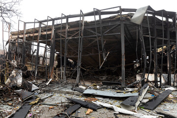 War in Ukraine. Chaos and devastatio at a gas station