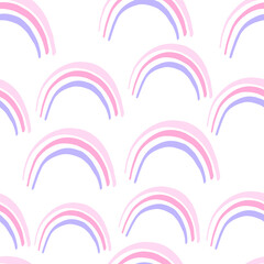 Childish felt pen hand drawn pink blue doodle rainbows vector seamless pattern. Baby girl cute sky background. Sweet iridescent celestial surface design for nursery or baby textile.