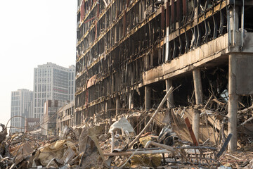 Russia war damage building explosion. Devastation. 2022 Russian invasion of Ukraine war torn city...