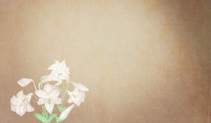 浮世絵調グラデーションに白百合（テッポウユリ）の和風背景イラストブラウン系