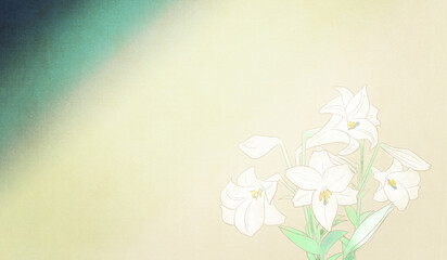 浮世絵調グラデーションに白百合（テッポウユリ）の和風背景イラストブルー系