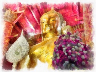 The ancient buddha statue Luang Pho To or Phra Buddha Trai Rattana Nayok style art U-Thong watercolor style illustration impressionist painting.