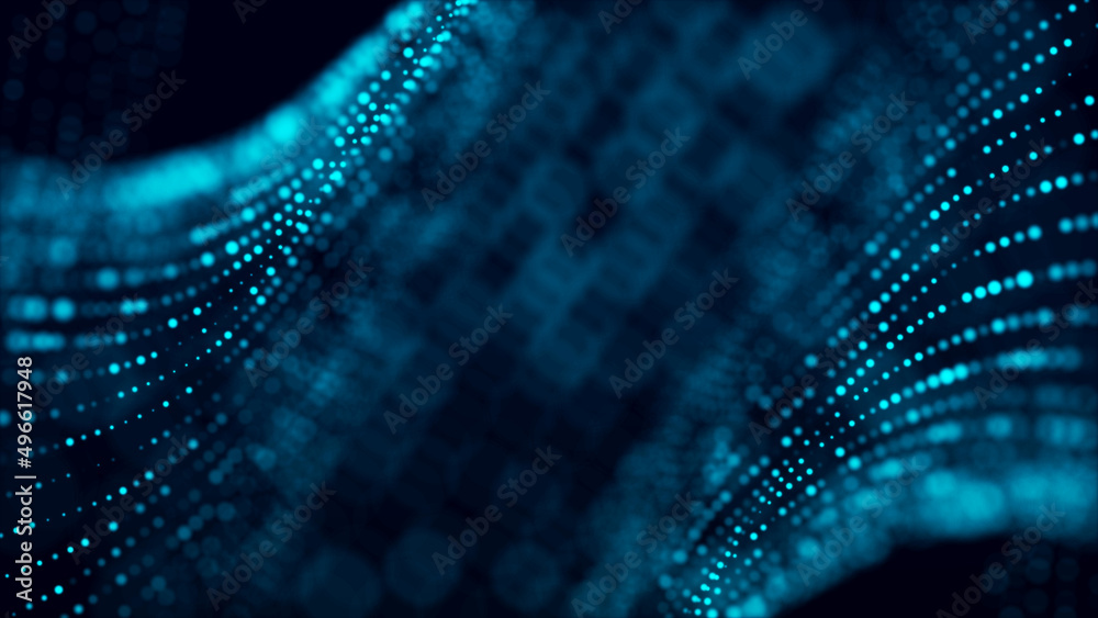 Aufkleber Digital technology. Futuristic background of glowing particles in motion. Large amount of data. 3D rendering.