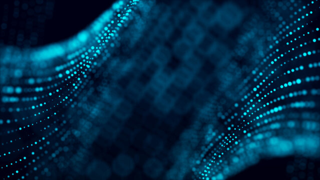Digital technology. Futuristic background of glowing particles in motion. Large amount of data. 3D rendering.
