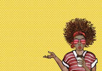 Wow pop art girl with a cup of coffee and glasses. Sexy young african woman with afro hairstyle. Yellow background