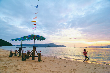 Colorful landscape with sea beach, beautiful sunset background.