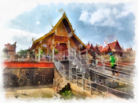 Waterfront pavilion in ancient Thai architecture watercolor style illustration impressionist painting.