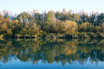 Fototapeta na wymiar Autumn landscape with forest is reflected in the river water