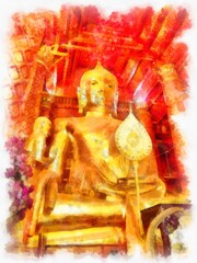 The ancient buddha statue Luang Pho To or Phra Buddha Trai Rattana Nayok style art U-Thong watercolor style illustration impressionist painting.