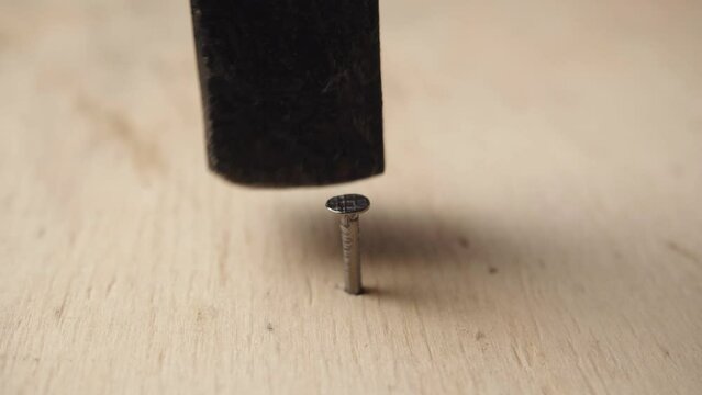 Macro shot of hitting hammer to nail wood plank for build diy wood furniture in workshop. Home work. Hobby