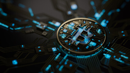 Bitcoin virtual cryptocurrency blockchain technology digital currency money gold coin exchange market future global network connections. BTC mining crypto symbol mainboard futuristic.3d rendering.