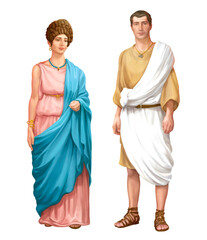Illustration about ancient Roman couple on white background. Man and woman dressed in old roman costumes.