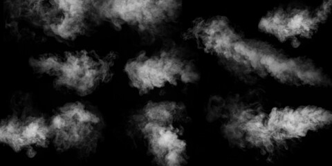 A set of nine different types of swirling, writhing smoke, steam isolated on a black background for overlaying on your photos. Horizontal and vertical steam. Abstract smoky background