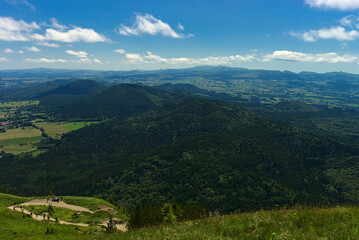 Fototapeta na wymiar View of the Puys chain in Auvergne, panoramic of the Domes. Puy de Dome