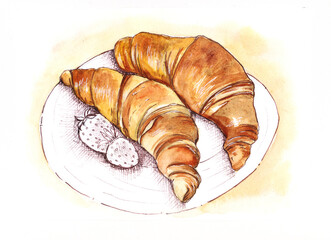 watercolor illustration of croissants with graphics