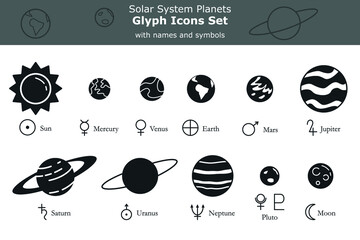 Solar system planets with names and symbols glyph icons pack. Black solid planetary objects. Isolated negative space design elements. Garamond font	
