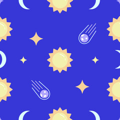 Outer space sky cartoon vector seamless pattern. Colorful kids style repeating texture for apparel, textile design. Cute vector background. Sun, moon, stars, meteorites on violet background