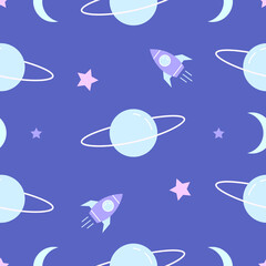 Planets and rockets in space cartoon seamless pattern. Colorful childish repeating texture for apparel, fabric design. Cute background. Moons and stars on pastel violet 