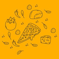Pizza maker. Background for a poster with doodles of pizza ingredients. Pattern for pizzeria textiles. Vector illustration
