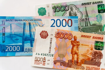 Russian currency.  Money, banknotes. 1000, 2000, 5000 rubles.