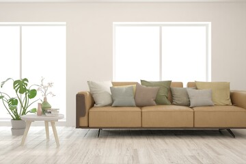 White living room with sofa. Scandinavian interior design. 3D illustration