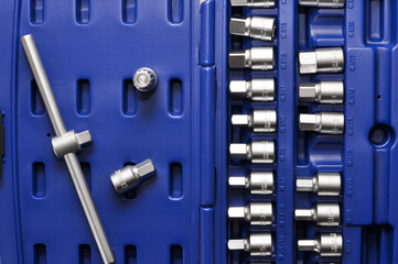Tools, car repair equipment in blue toolbox, closeup