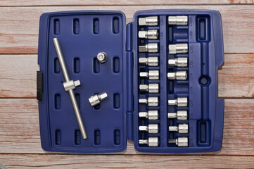 Tools, car repair equipment in blue toolbox, closeup