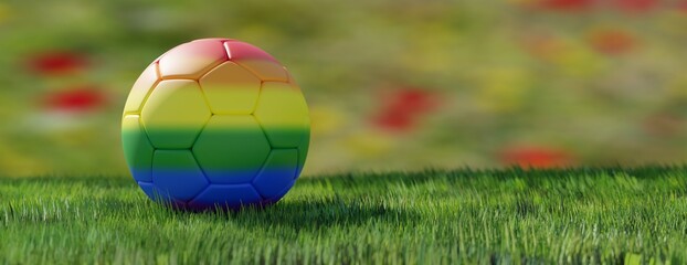 Gay pride rainbow color soccer ball on grass field, close up. LGBT football sport event. 3d render