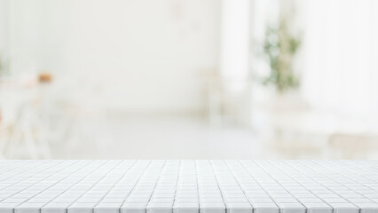 Empty white ceramic mosaic table top and blurred bokeh cafe and restaurant background with vintage...