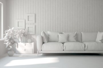 Mock up of minimalist living room in white color with sofa. Scandinavian interior design. 3D illustration