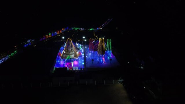 Tirupati, Sri Brahmrishi Ashram, India 4th March 2022: A drone shot of a beautiful Indian Hindu temple. Devi Devta. Indian Gods. Laxmi Narayan and Jain temple side by side. 
