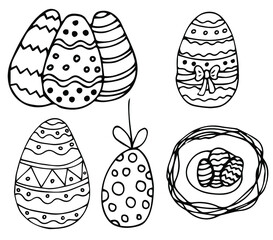 Set of Easter eggs in doodle style. Happy easter hand drawn isolated on white background.