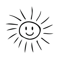 Cute cartoon hand drawing sun. Sweet vector black and white drawing of the sun. Isolated monochrome doodle sun pattern on white background. 