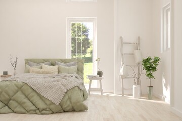 White bedroom interior. Scandinavian design. 3D illustration