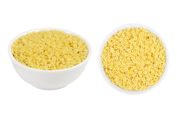 Pasta on an isolated white background. Little pasta. Pasta in a white bowl. Collection or set