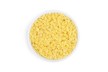 Pasta on an isolated white background. Little pasta. Pasta in a white bowl.