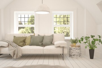 White living room with sofa and summer landscape in window. Scandinavian interior design. 3D illustration